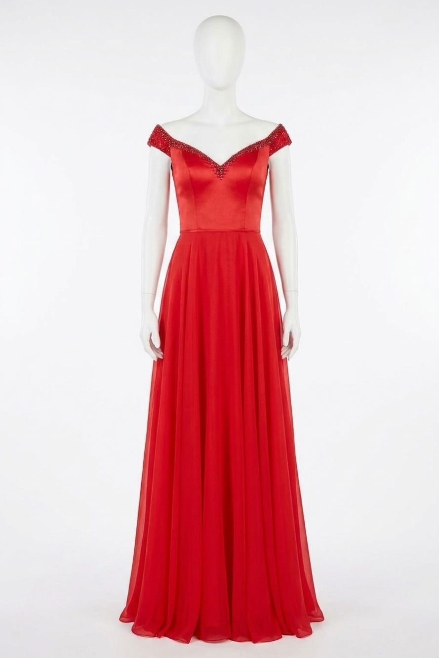 NEW SHERRI HILL lace cap-sleeves chiffon prom dress in red